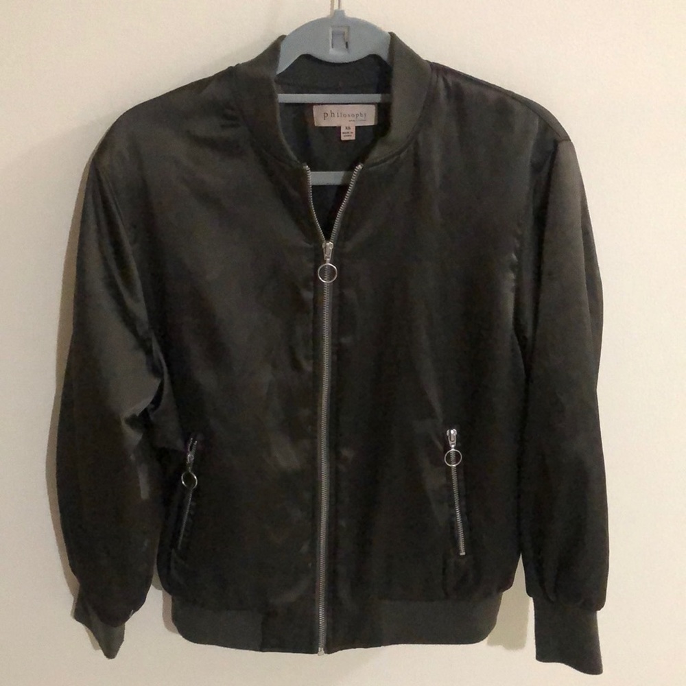 Philosophy Bomber Jacket. Green. Silk like material. Size XS